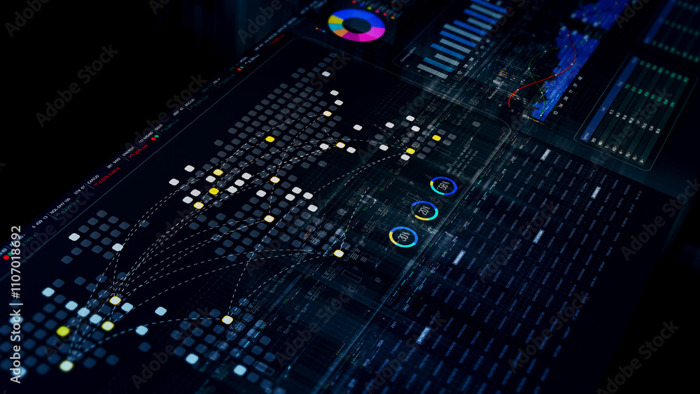 Poster Futuristic network simulation blending AI, quantum physics, and deep learning, with a particle matrix analyzing data in a sleek, HUD-style interface