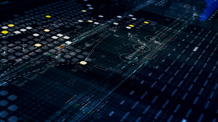 Futuristic network simulation blending AI, quantum physics, and deep learning, with a particle...