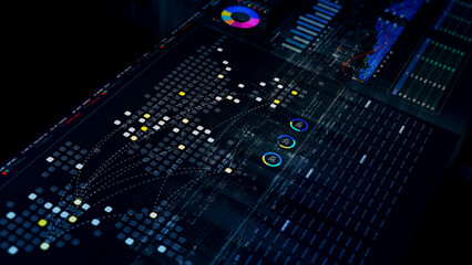 Futuristic network simulation blending AI, quantum physics, and deep learning, with a particle matrix analyzing data in a sleek, HUD-style interface