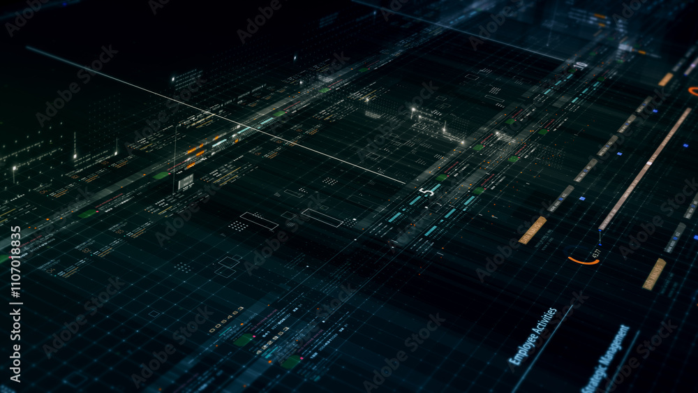 Leinwandbilder Futuristic network simulation blending AI, quantum physics, and deep learning, with a particle matrix analyzing data in a sleek, HUD-style interface