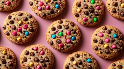 Close-up of chocolate chip cookies adorned with red, green, black, yellow, and pink granules, festive treats, vibrant colors, perfect for kids' parties