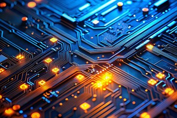 Minimalist Abstract Representation of a Circuit Board Featuring Illuminated Blue and Orange Lights, Showcasing Technology's Intricate Patterns and Aesthetic Appeal