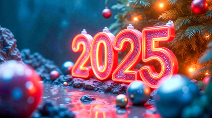 Glowing 2025 neon sign with Christmas tree and ornaments. Festive New Year greeting, holiday spirit, vibrant colors.