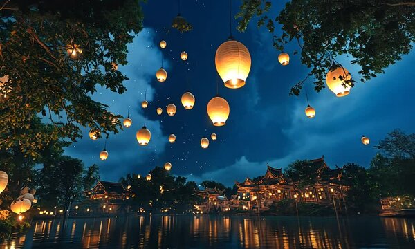  Lanterns flying in night sky, a lot of Lanterns flying in night sky, 4k beautiful