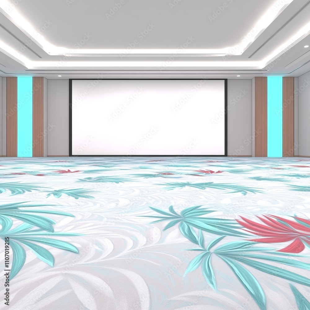 Poster empty conference room with patterned carpet and projection screen.