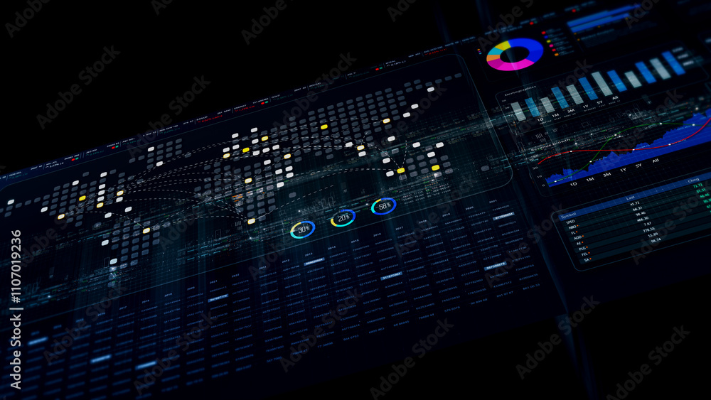 Aufkleber Futuristic network simulation blending AI, quantum physics, and deep learning, with a particle matrix analyzing data in a sleek, HUD-style interface