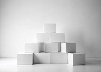 Minimalist Arrangement of Stacked White Boxes on a Clean Surface, Emphasizing Simplicity and Space, Ideal for Abstract Concepts in Modern Design and Minimalism