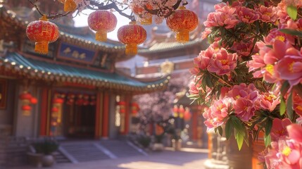 Close Up of Beautifully Decorated Chinese Temple with Lanterns and Flowers
