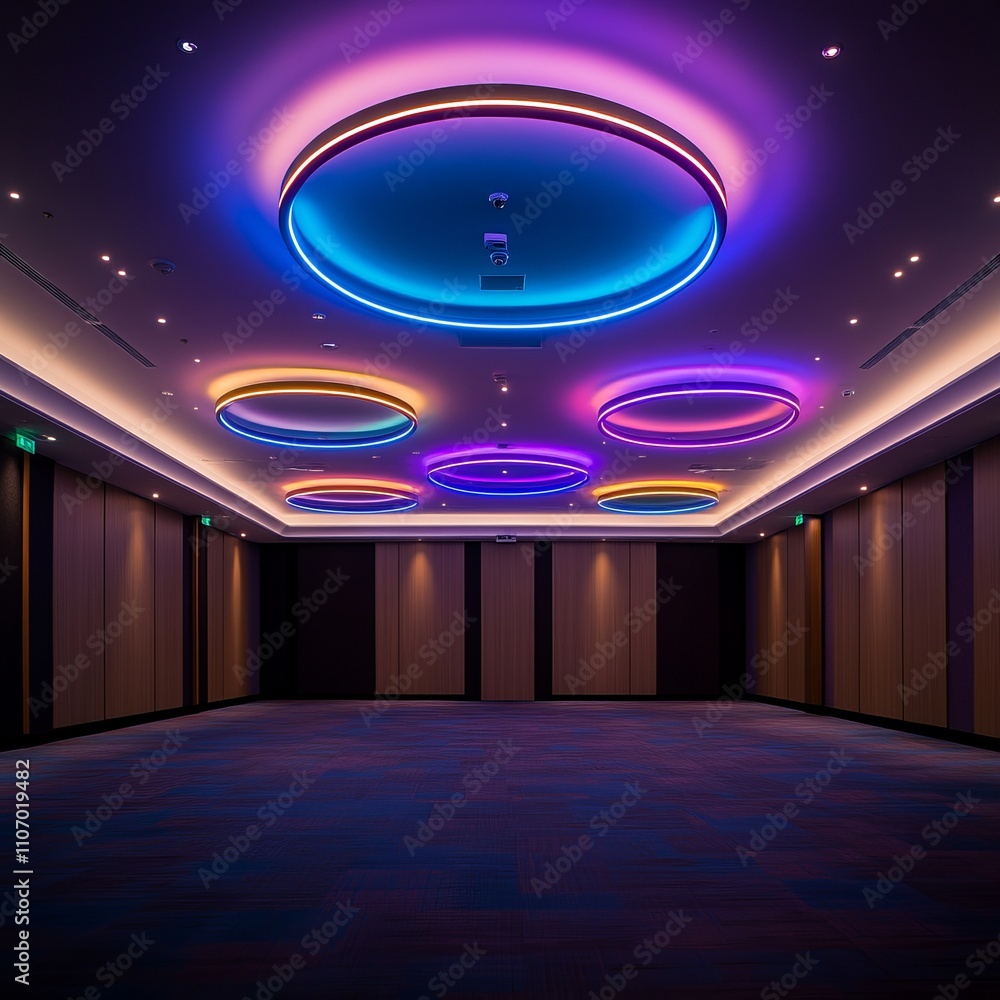 Poster empty modern event hall with colorful led ceiling lights.