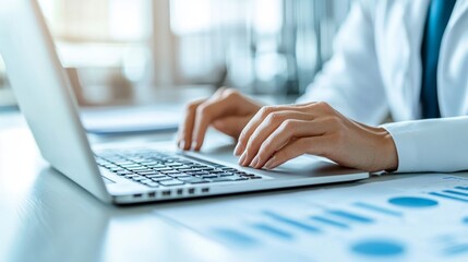 Close-Up of Hands Typing on a Laptop Keyboard in a Bright Office