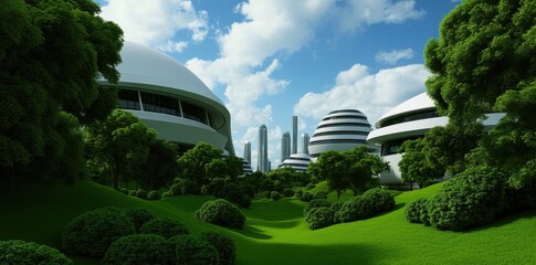 Obraz premium Futuristic Eco-City: A Sustainable Vision of Urban Living with Green Spaces and Innovative Architecture