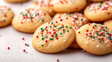 Close-up of colorful confetti cookies, with red, green, and white sprinkles baked into golden dough, vibrant holiday treat against a simple backdrop. Festive cookies, fun kids treat