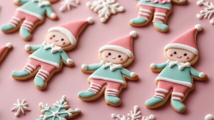 Close-up of colorful mitten-shaped cookies with intricate holiday designs, vibrant icing patterns, snowflakes, and stars, creative treats for kids, festive bakery concept