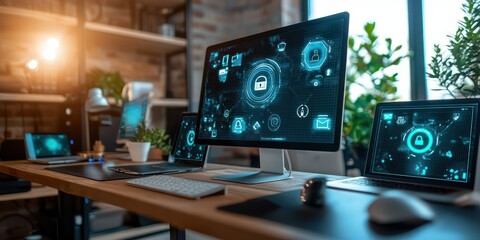 A home office setup with multiple devices, all secured by digital locks and encrypted networks, representing cybersecurity for remote workers.