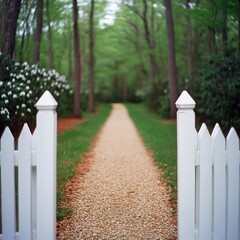 Gravel path through lush green trees, flanked by white picket fence and blooming flowers.