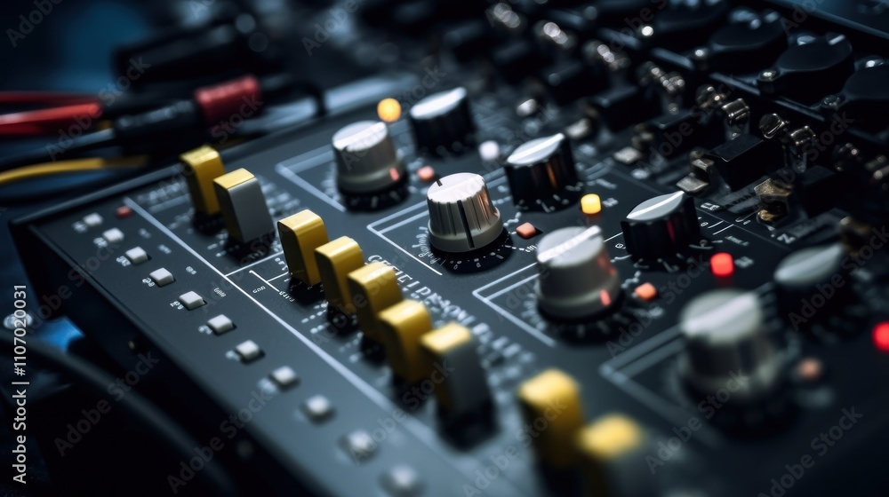 Poster close-up of an audio mixing console: a detailed view of knobs, buttons, and sliders in a recording s
