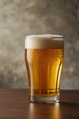 A cold, golden beer in a clear glass, featuring a frothy white head and bubbles, sitting on a wooden table against a neutral background, perfect for relaxation.