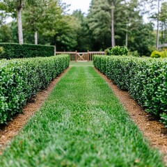 Lush green grass path between neatly trimmed hedges leading to a wooden gate.