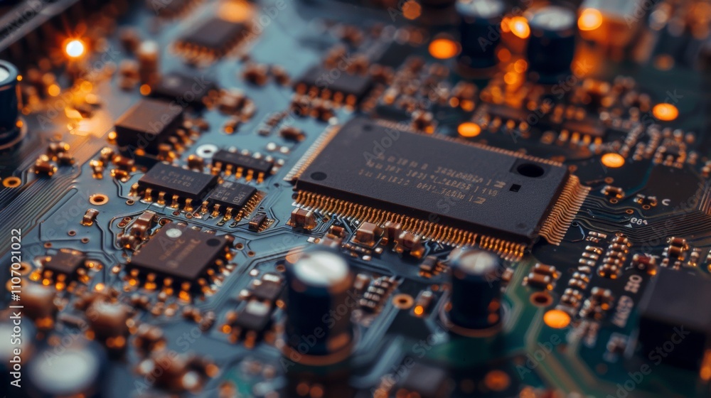 Poster closeup detailed view of a circuit board microchip technology components and electronics