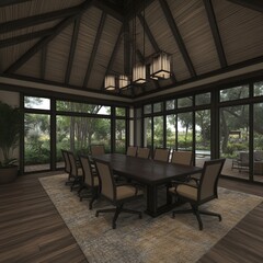 Fototapeta premium Luxurious dining room with large windows overlooking a garden.