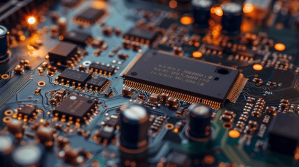 Closeup Detailed View of a Circuit Board Microchip Technology Components and Electronics