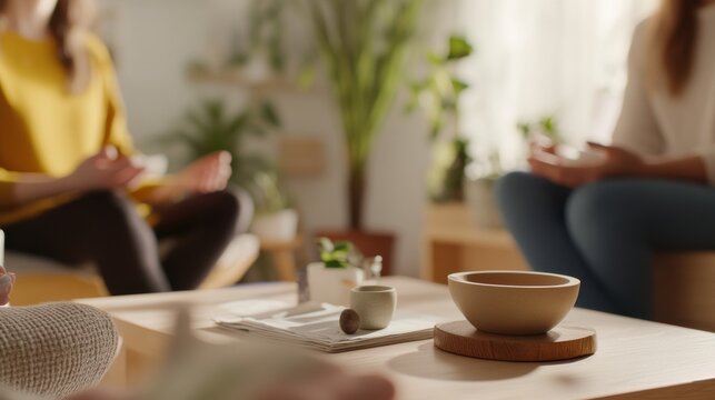 A clinical psychologist conducting a mindfulness therapy session with a client in a serene therapy room, with relaxation aids and therapy materials visible, Mindfulness style