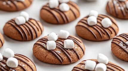 Fototapeta premium Close-up of freshly baked hot cocoa cookies, topped with mini marshmallows and chocolate drizzle, capturing their soft texture and rich color. hot cocoa cookies, gourmet treats
