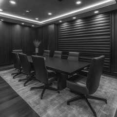 Modern black conference room with a long table and leather chairs.