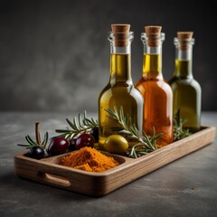 A wooden tray displays three bottles of infused oils alongside vibrant olives and aromatic rosemary, complemented by a mound of turmeric, perfect for culinary delights