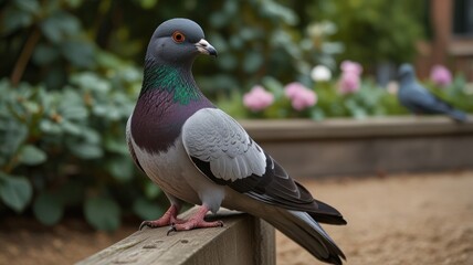 Rock pigeon perched on wooden fence in garden.