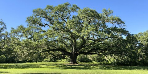 Obraz premium A large oak tree with a sprawling canopy of green leaves, set against a clear blue sky in a park.