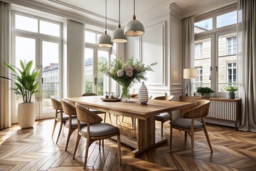 Obraz premium Minimalist Dining Room with Wooden Table in a Paris Apartment Featuring Chevron Wood Flooring and Elegant Decor