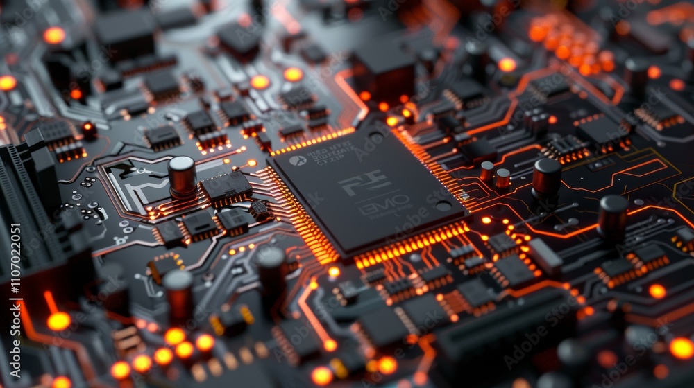 Poster closeup of a circuit board with glowing orange traces highlighting technological advancement in mode