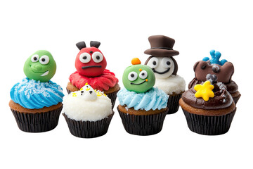 A row of cupcakes with faces on them. on transparent background.
