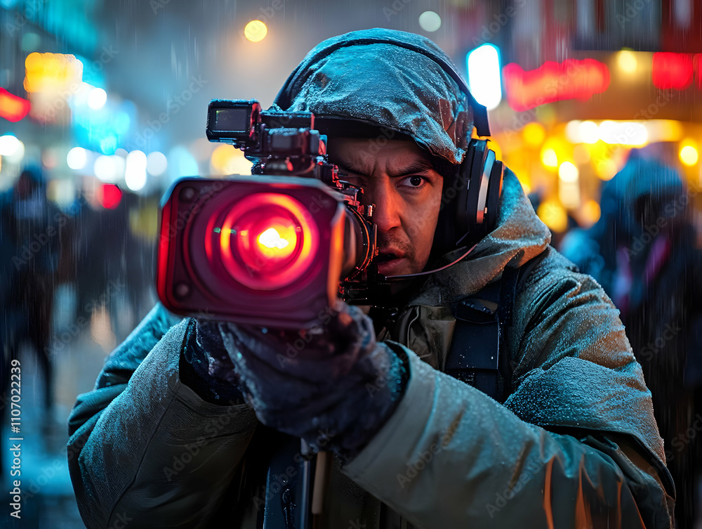 Poster a person in a snowy urban setting aims a camera with a red light, capturing a scene.
