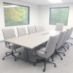 Modern conference room with large table and chairs, overlooking trees.