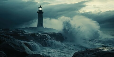 A lighthouse on a rocky shore, with large waves and intense spray from an ocean storm. © Chanrothana Pech