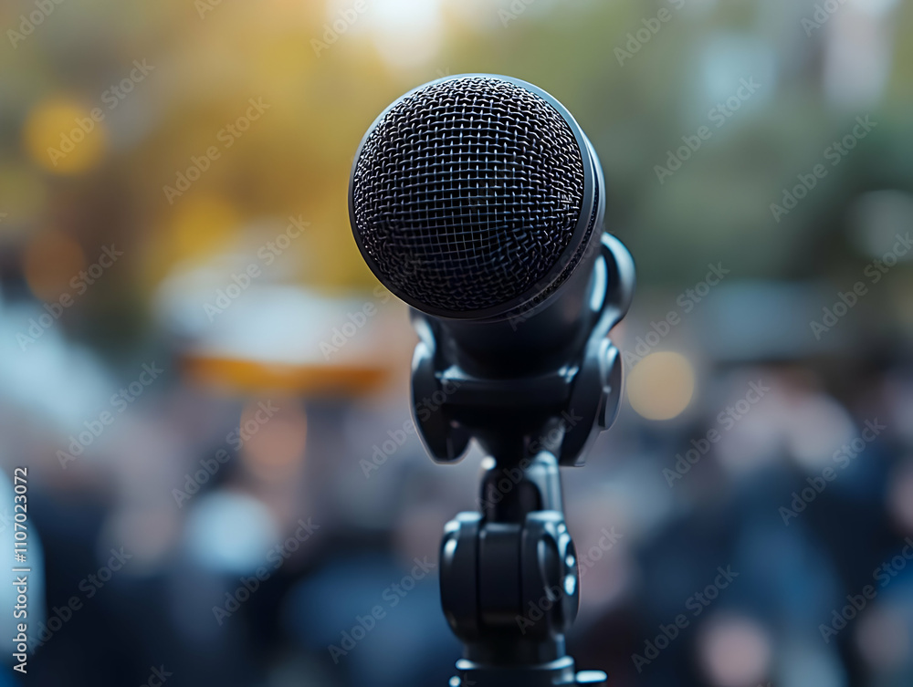 Poster A close-up of a microphone on a stand, set against a blurred audience background.
