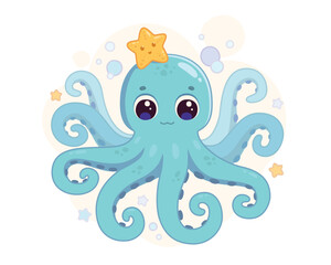 Obraz premium Cute playful smiling cartoon octopus and starfish on a white background