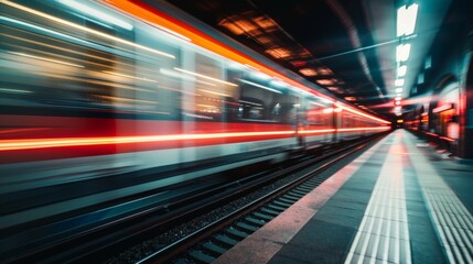 High-Speed Train Blurred Motion at Night Urban Railway Station Platform