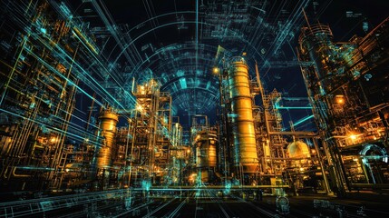 Industrial Complex with Futuristic Digital Overlay