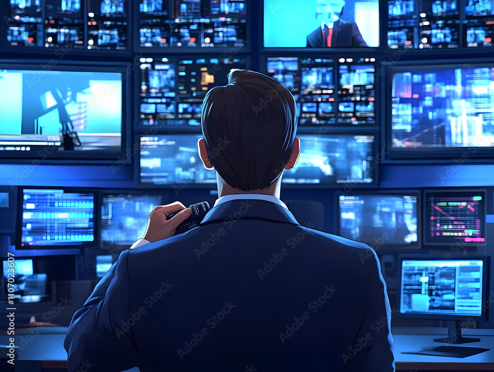 Poster A man in a suit observes multiple screens displaying news and data in a control room.