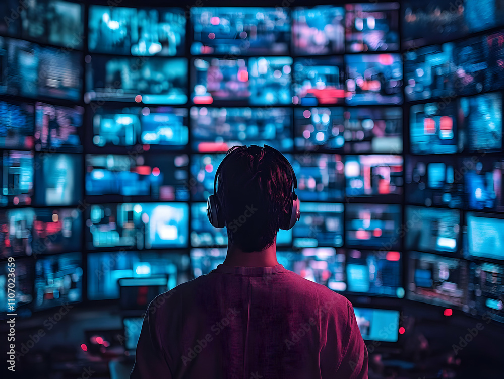 Poster A person monitors multiple screens displaying data and visuals in a tech-focused environment.