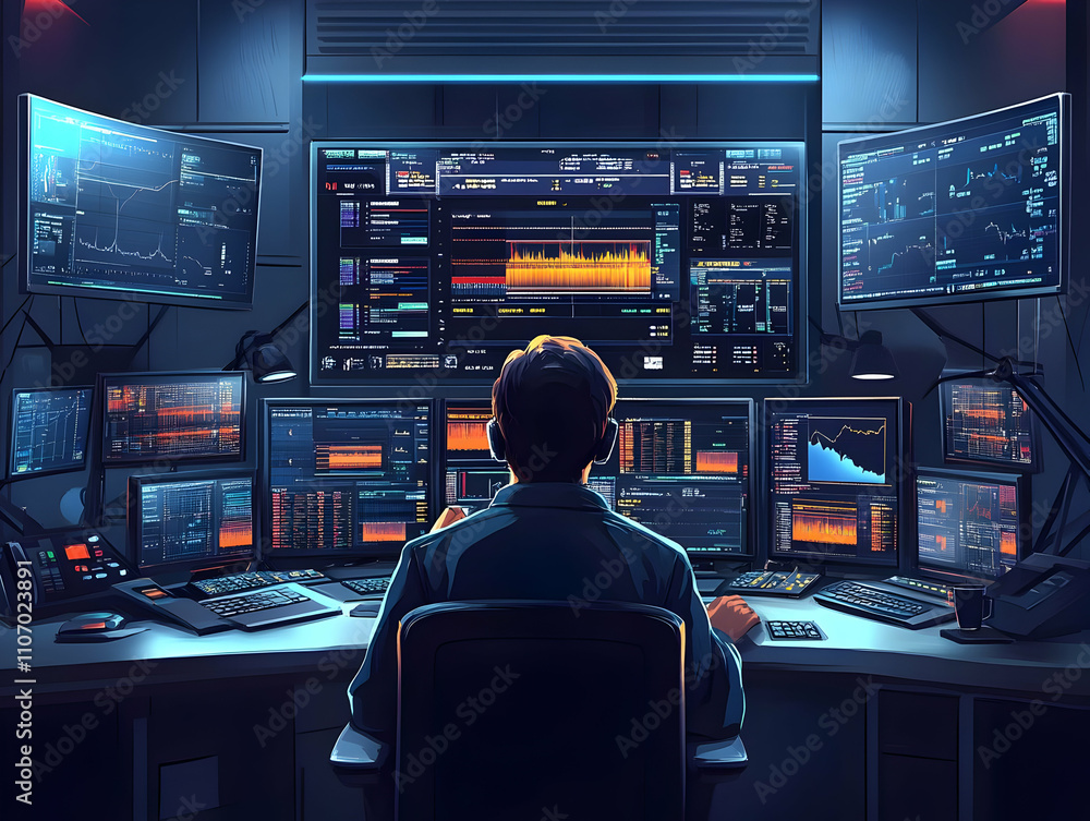 Poster A person monitors multiple screens displaying financial data and analytics in a trading environment.
