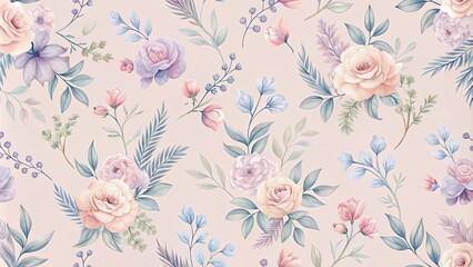 Pastel Floral Pattern Design Delicate Roses and Botanical Elements in a Seamless Repeat for Textile and Wallpaper Applications