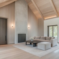 Fototapeta premium Modern living room with high ceiling, fireplace, and large windows.