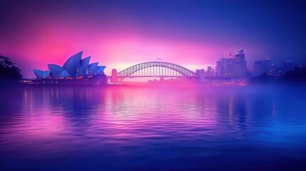 Naklejka premium Sydney harbor sunrise iconic bridge and opera house urban landscape serene waters vibrant colors for nature enthusiasts