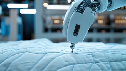 A robotic arm sewing a quilt, showcasing advanced automation in textile manufacturing with a focus on precision and innovation.