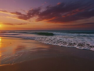 A picturesque sunset painting featuring the ocean, with warm colors creating a peaceful and inviting atmosphere.
