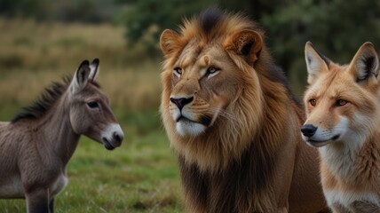 Fototapeta premium Majestic lion, donkey, and fox together in a field.